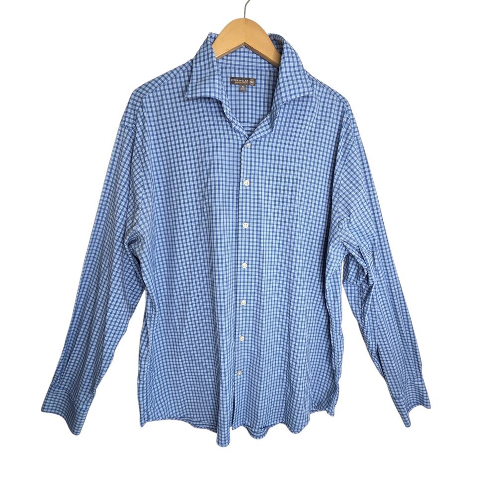 Peter Millar Mens SZ XL Summer Comfort Blue Gingham Button Shirt Preppy‎ Office